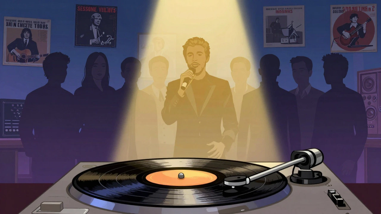 Vintage cartoon showing session musicians stepping out of the shadows into a spotlight