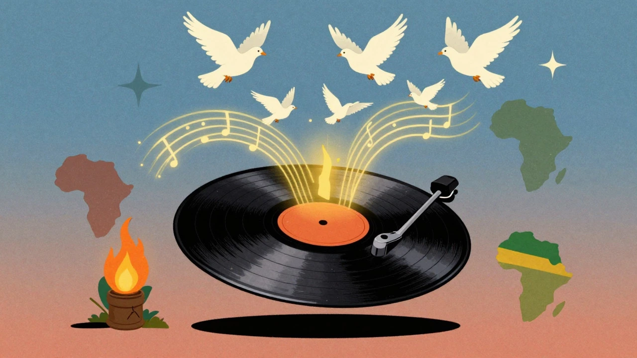 Vintage cartoon tribute to Garnet Silk with glowing record and doves
