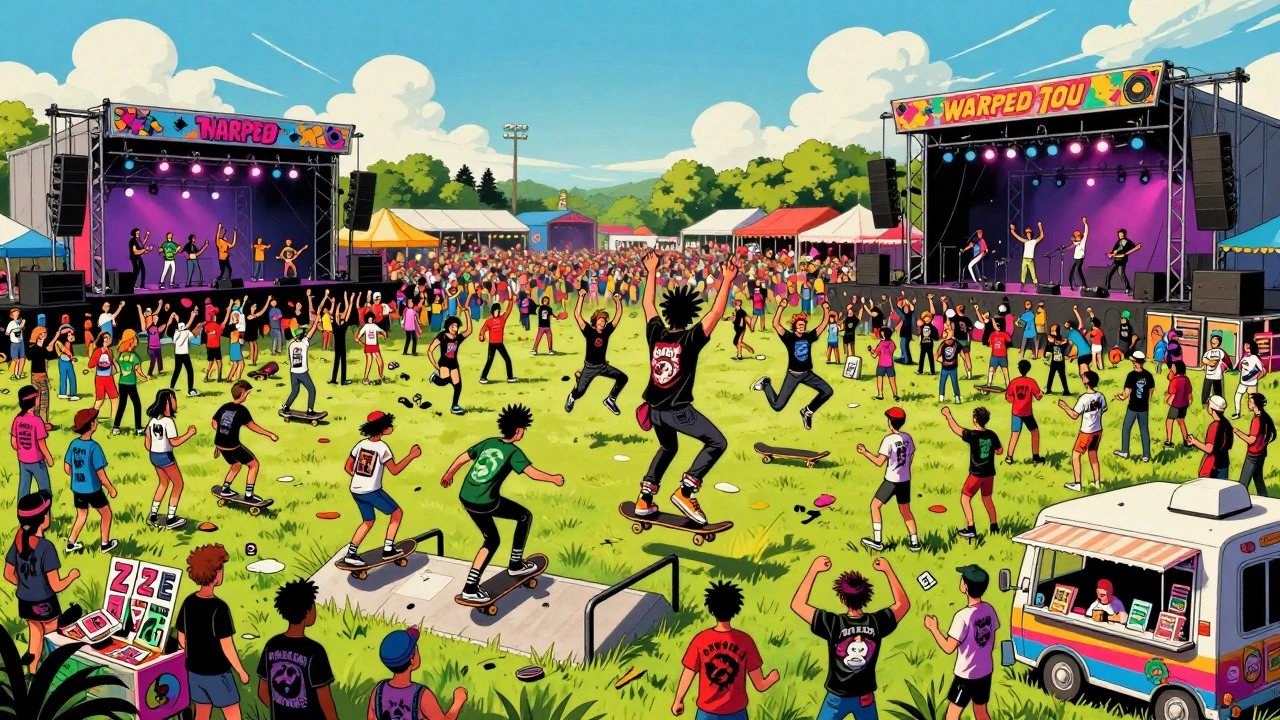 Vintage illustration of a lively 1990s punk festival with crowds.