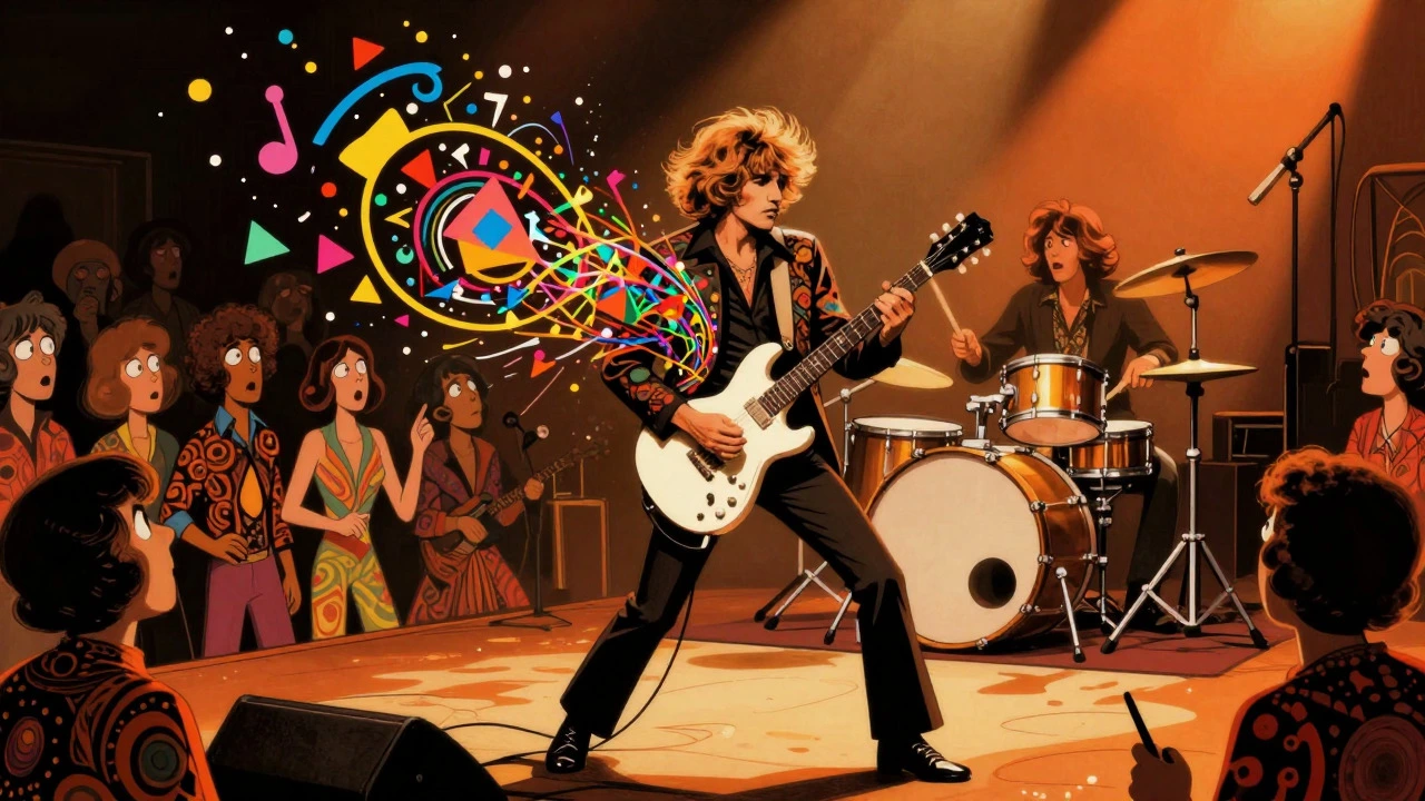 Virtuoso guitarist playing complex solo on stage for amazed crowd