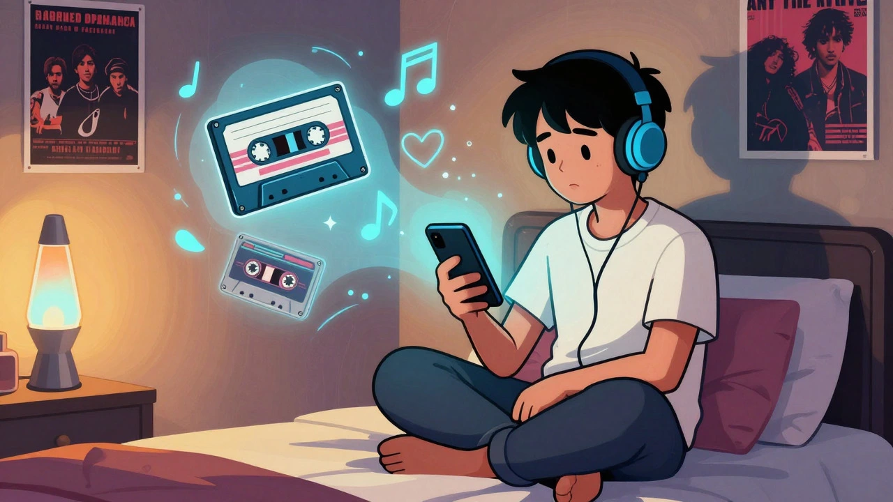 Young person listening to 90s music on a phone surrounded by retro icons