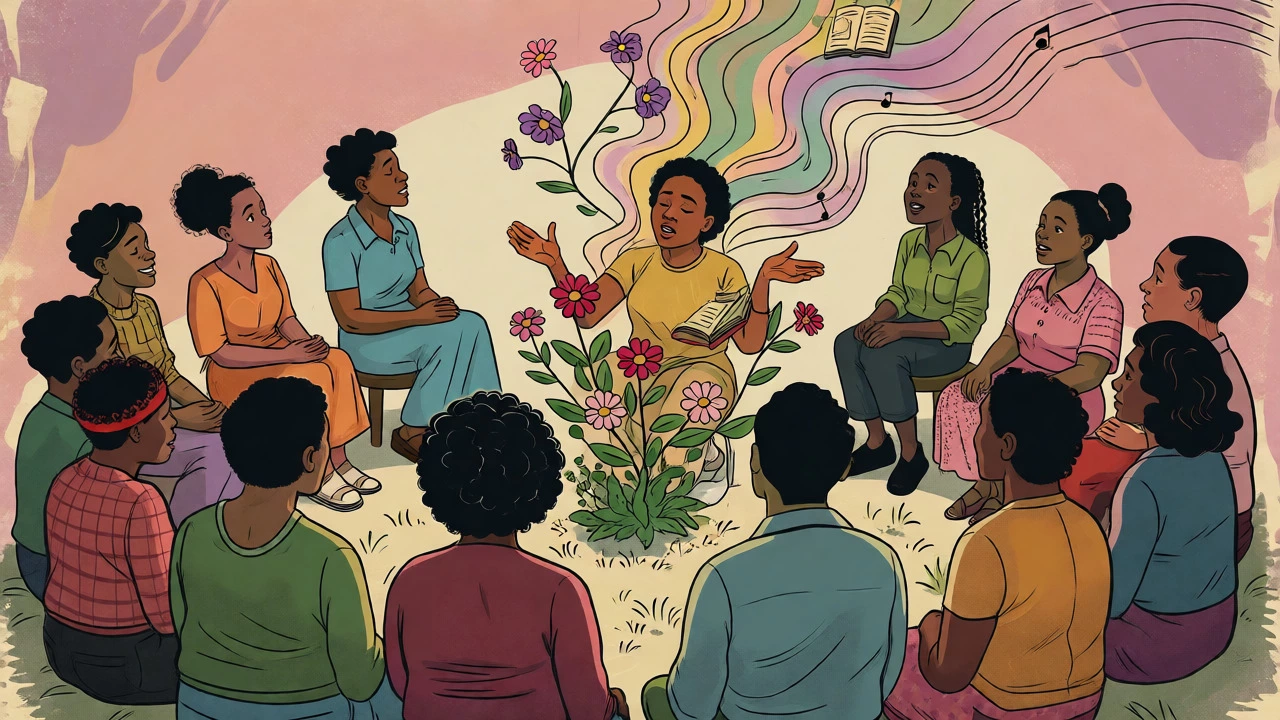 A community circle listening to a speaker with growing flowers.