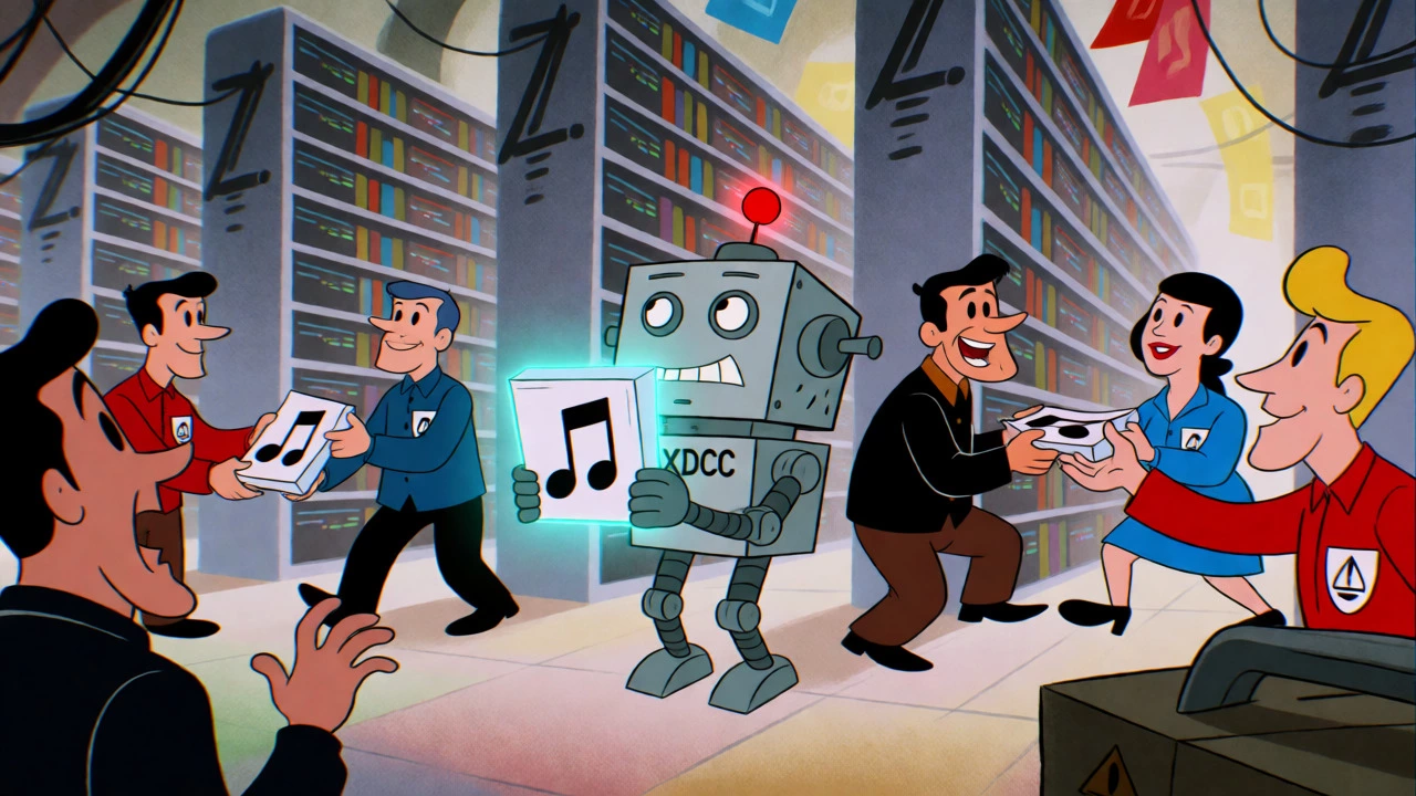 A mechanical bot distributing music files to release groups in a digital warehouse.