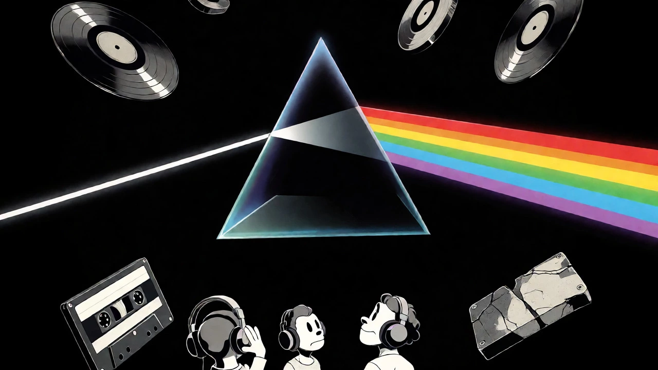 A prism refracting light into a rainbow spectrum surrounded by floating vinyl records in space.