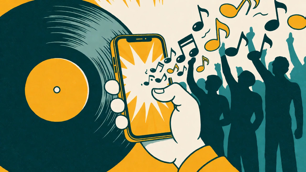 A vinyl record transforming into a smartphone emitting musical notes that become a chanting crowd.
