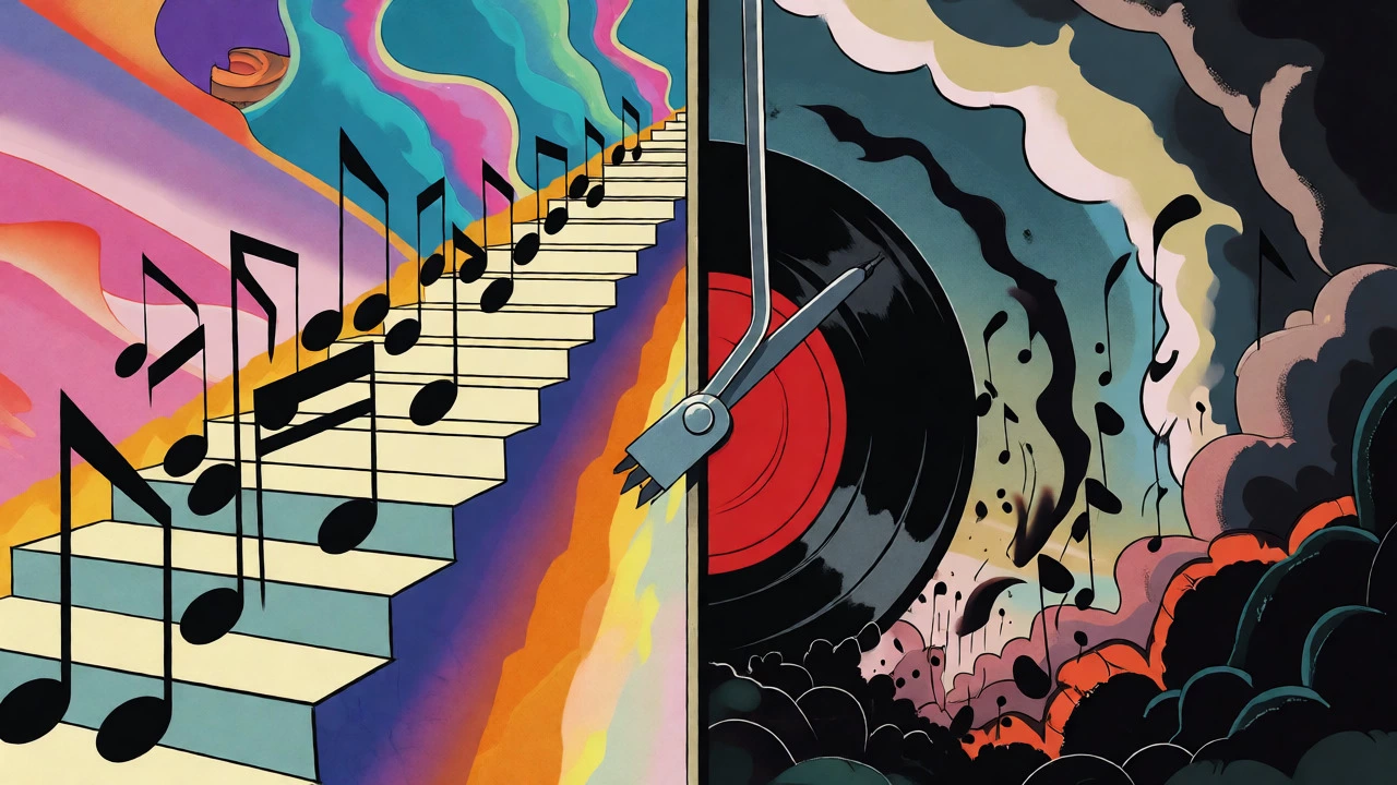 Abstract visualization of musical narrative arcs on a split vinyl record.