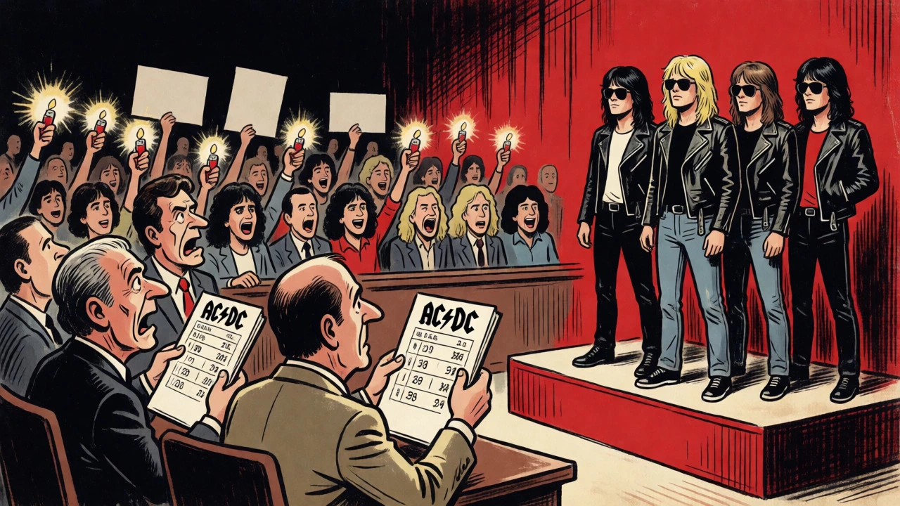 AC/DC album on trial against harsh critics while fans cheer in the background.