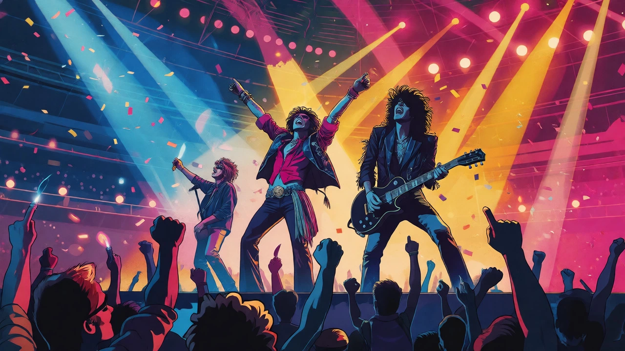 Aerosmith performing triumphantly on a stadium stage with confetti and lights.
