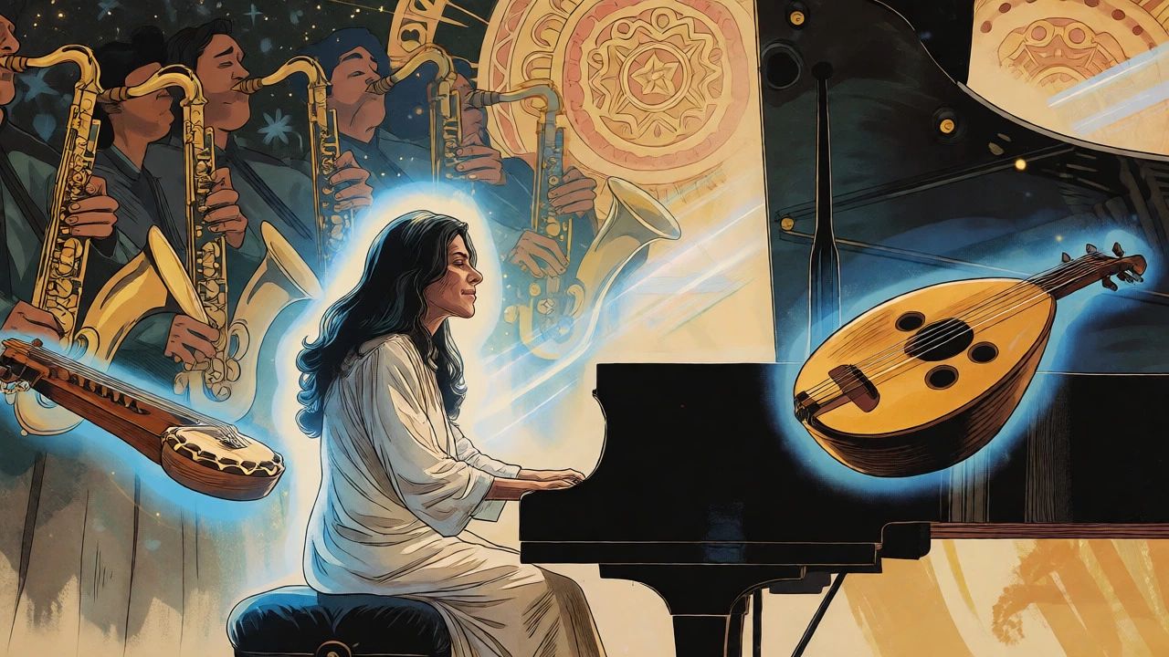 Alice Coltrane playing piano surrounded by floating Eastern instruments and cosmic patterns.