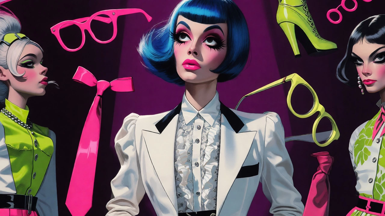 Androgynous cartoon character in frills and blazer with neon colors