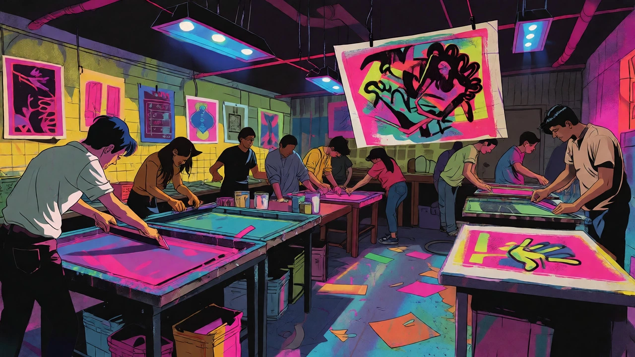 Artists screenprinting vibrant gig posters in a cluttered vintage studio