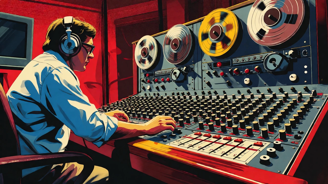 Audio engineer works on analog tapes in a retro recording studio.