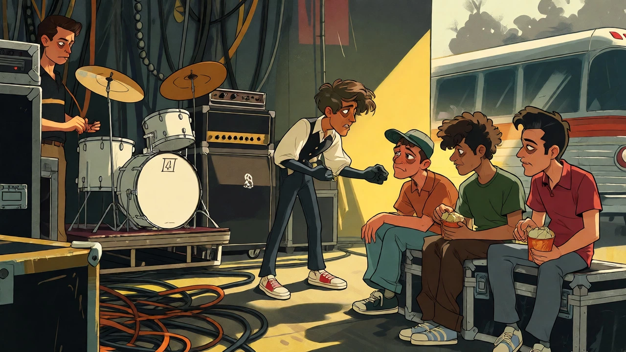 Backstage cartoon scene showing openers sharing equipment and waiting for their turn.