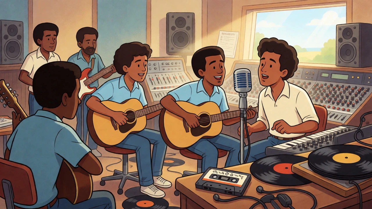 Band members record a song in a sunlit 1980s studio with instruments.