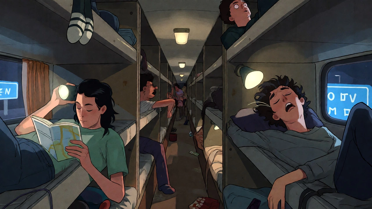 Band members sleeping in tight stacked bunks inside a tour bus