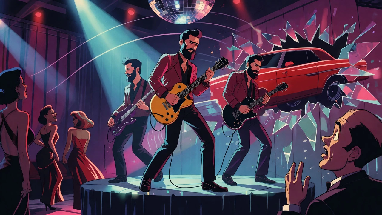 Bearded band plays guitars as a red car crashes through a club wall.