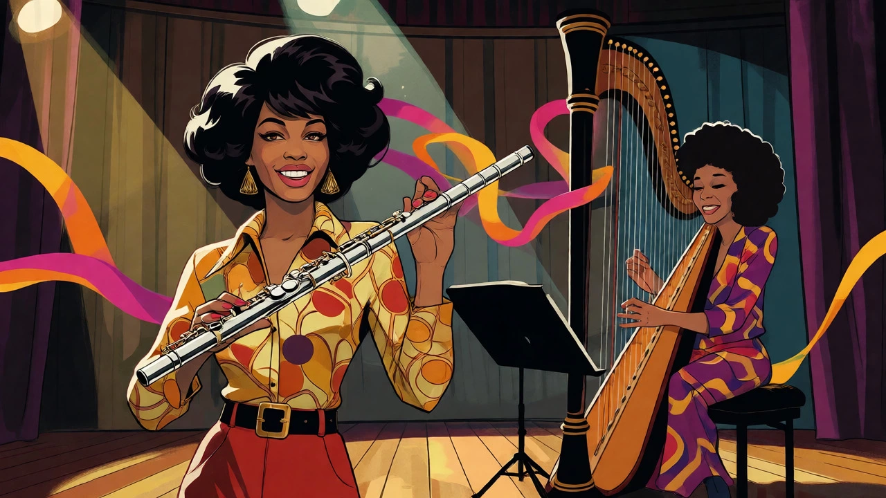 Bobbi Humphrey with flute and Dorothy Ashby with harp performing on a vibrant stage.