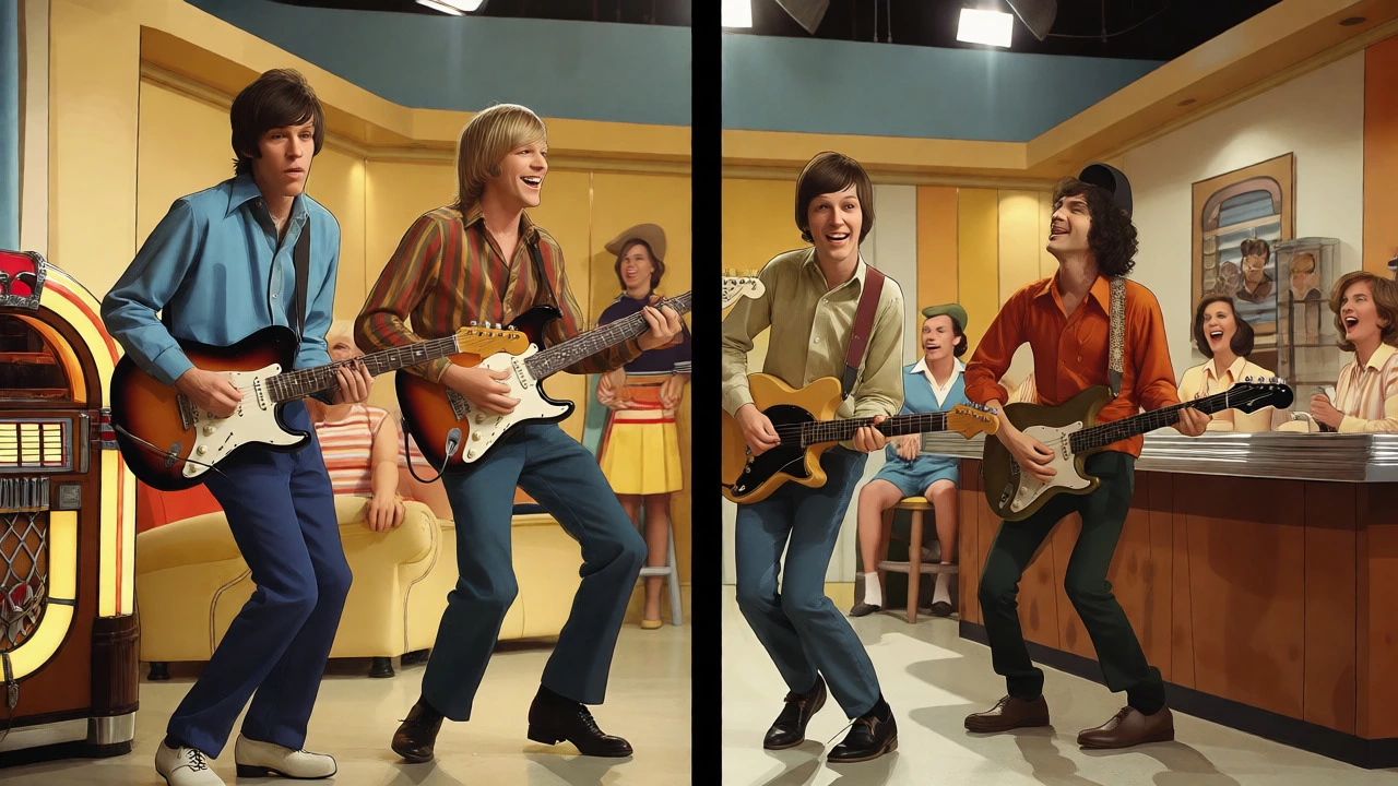 Cartoon band performing in retro sitcom setting