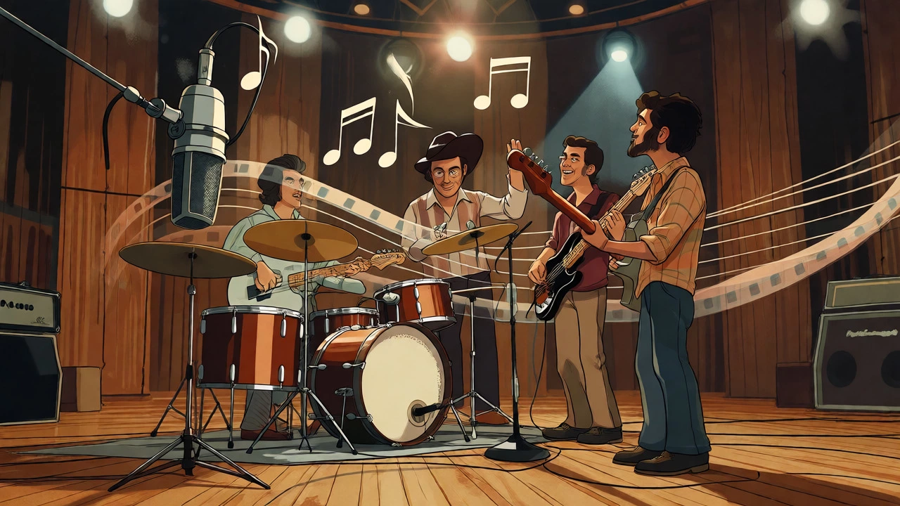 Cartoon band recording live in a wood studio with tape strips wrapping around instruments representing saturation.