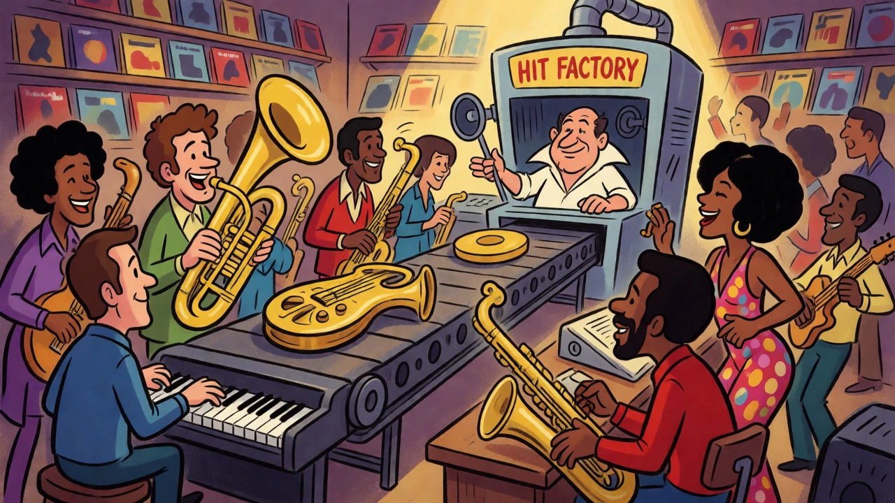 Cartoon depiction of a 1970s recording studio where diverse musicians feed instruments into a hit-making machine.
