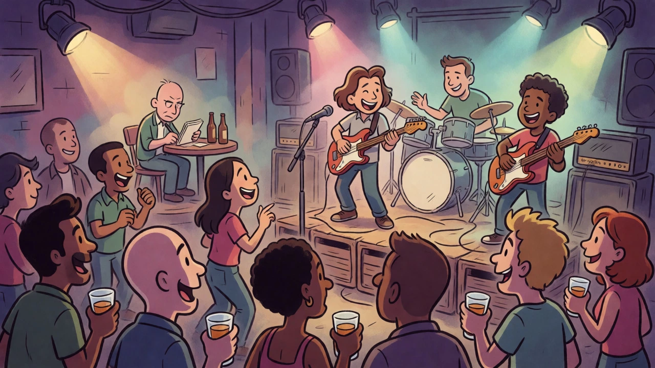 Cartoon depiction of a lively underground band performing for an engaged crowd in a dim venue.