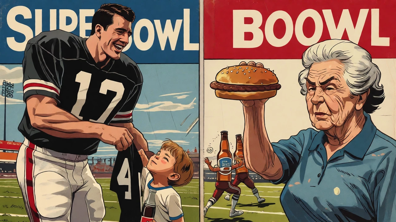 Cartoon depiction of famous 1980s Super Bowl commercials including Mean Joe Greene