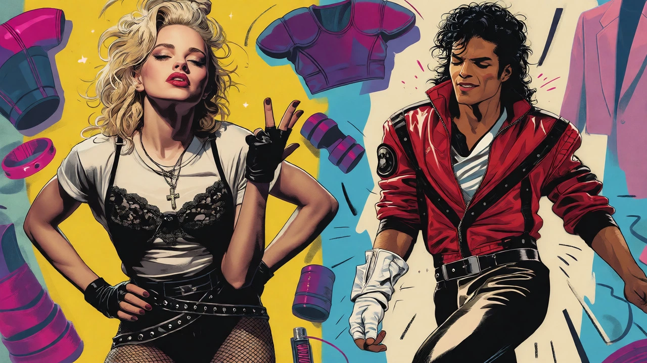 Cartoon depiction of Madonna-style punk and Michael Jackson-inspired menswear.