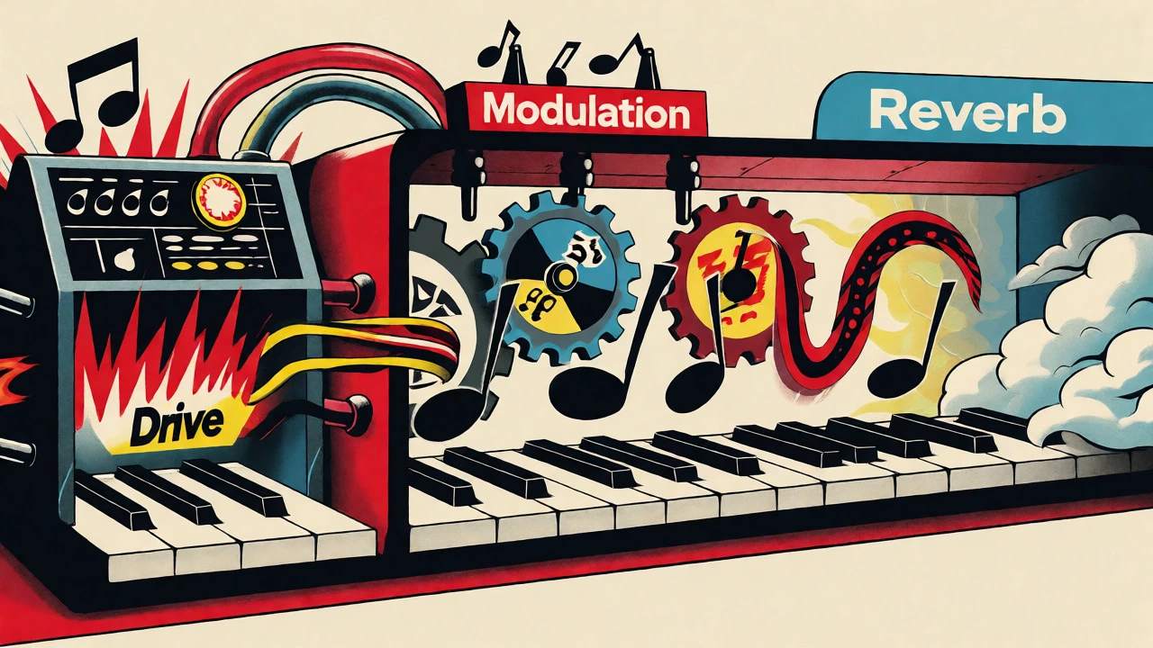Cartoon factory assembly line showing keyboard signal chain