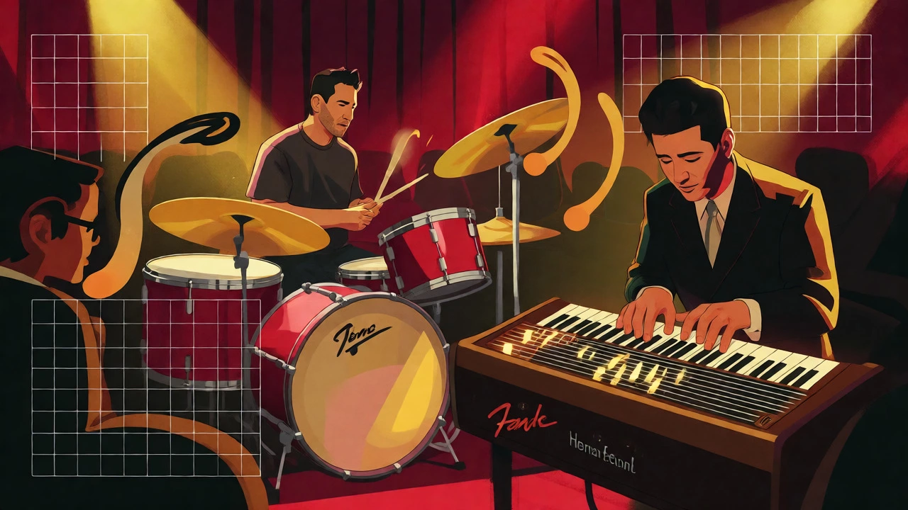 Cartoon illustration of a live band emphasizing loose timing and warm analog sounds.
