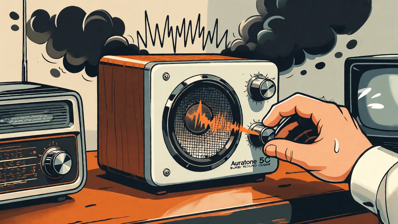 Cartoon illustration of an Auratone cube simulating consumer playback by stripping bass from sound waves.