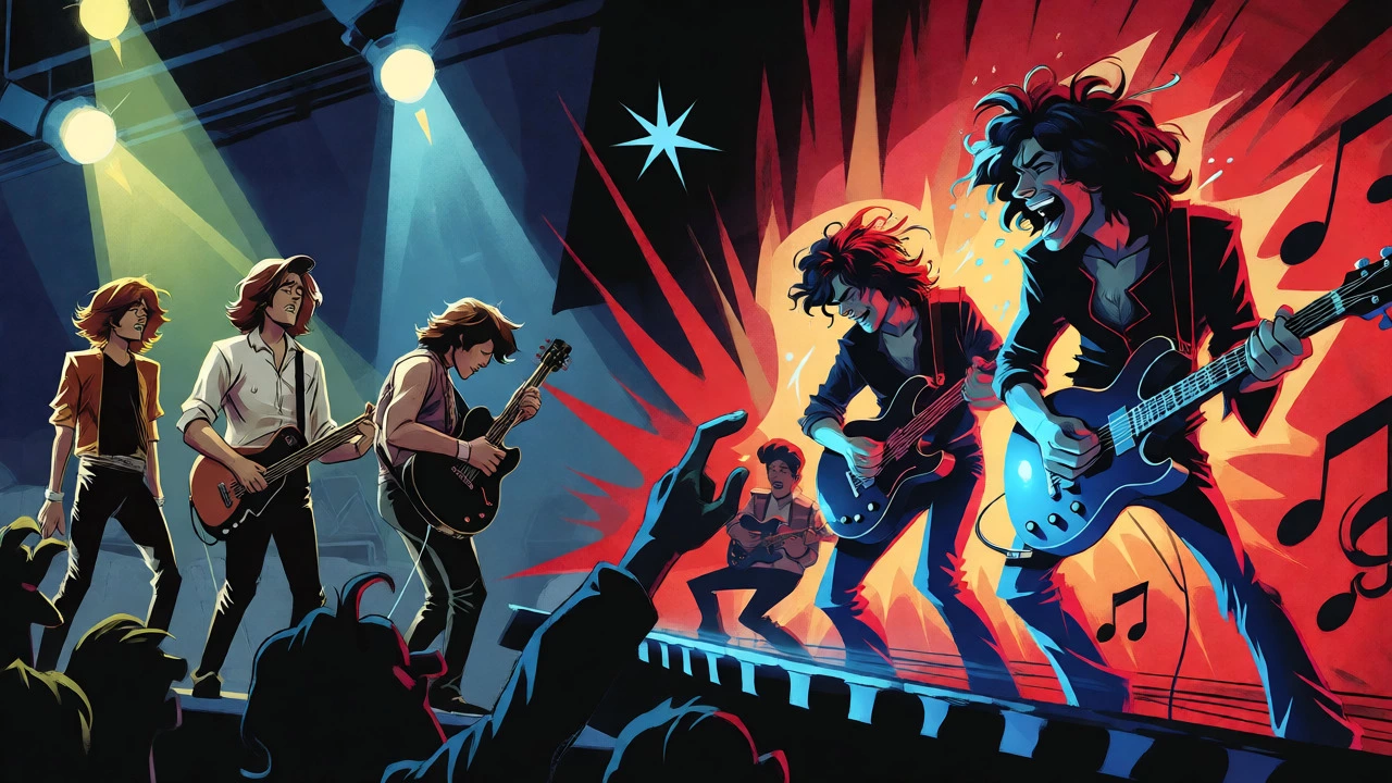 Cartoon illustration of an energetic opener band outperforming a complacent headliner on stage.