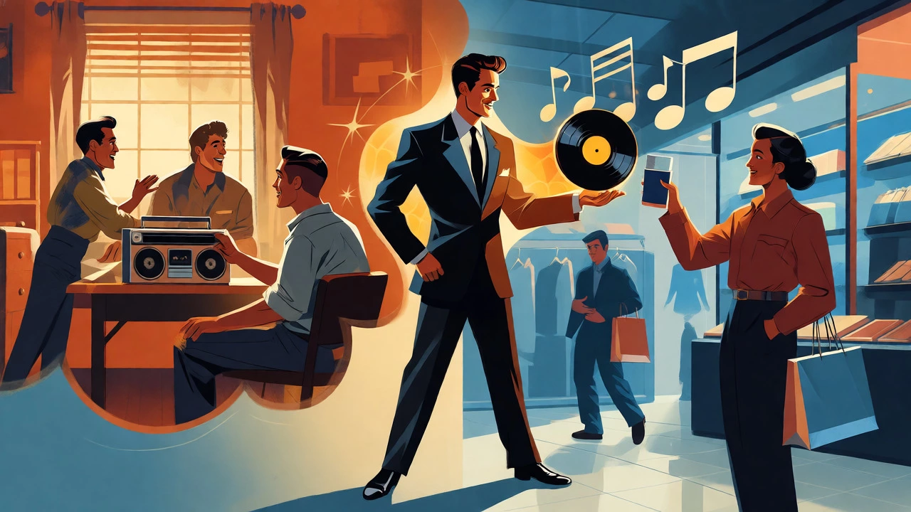 Cartoon linking a nostalgic dorm memory to modern shopping via music
