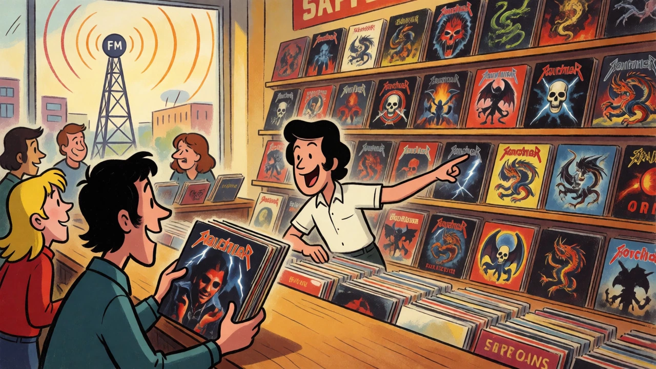 Cartoon of a 1970s record store with customers browsing heavy metal LPs under radio wave motifs.