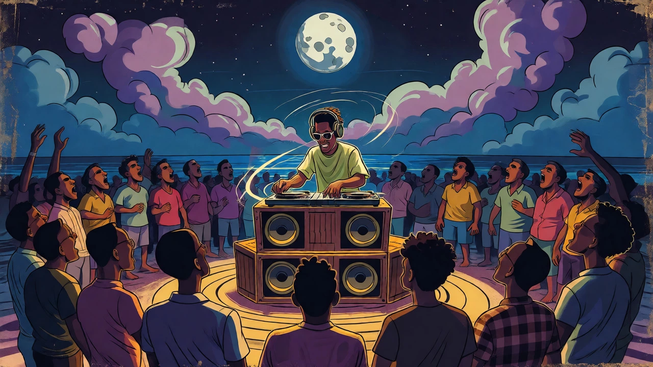 Cartoon of a beach sound system party acting as a spiritual community gathering.
