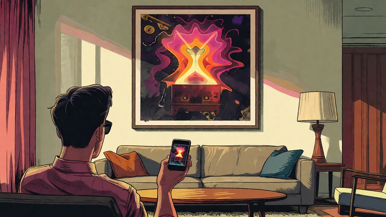 Cartoon of a giant framed album poster towering over a small phone screen