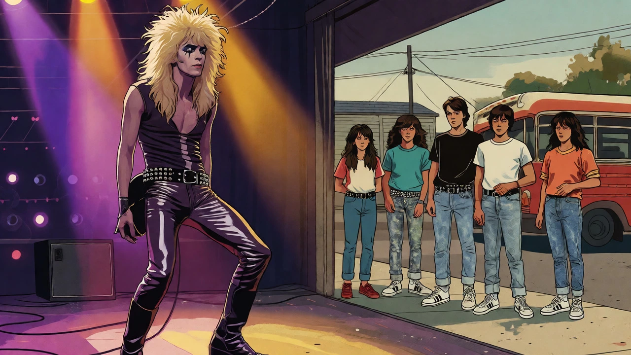 Cartoon of a glam rocker on stage with big hair compared to fans in jeans waiting for a bus