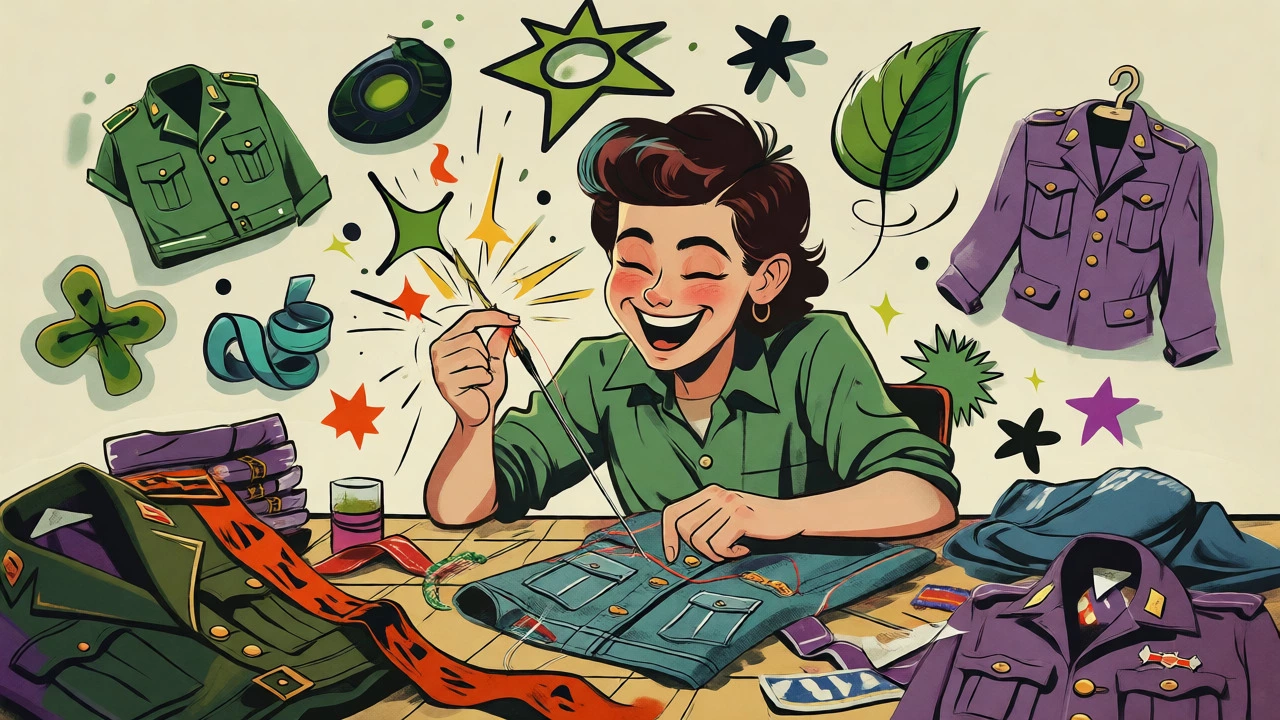 Cartoon of a person upcycling clothes with creative flair