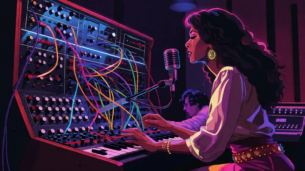 Cartoon of Donna Summer and producer with a Moog synthesizer