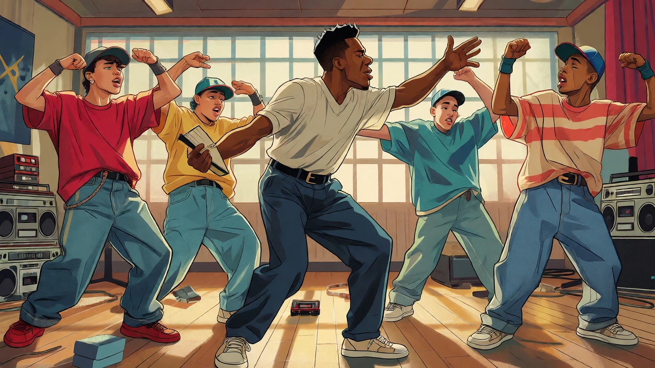 Choreographer directing boy band members practicing syncopated arm moves