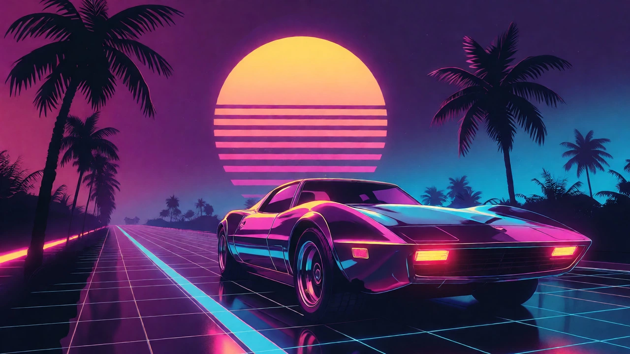 Chrome sports car driving on a grid-lined highway toward a striped sunset in retro cartoon art.