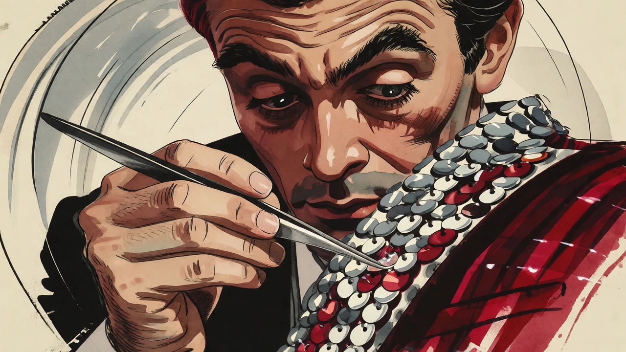 Close-up cartoon of a tailor adjusting a garment with precision
