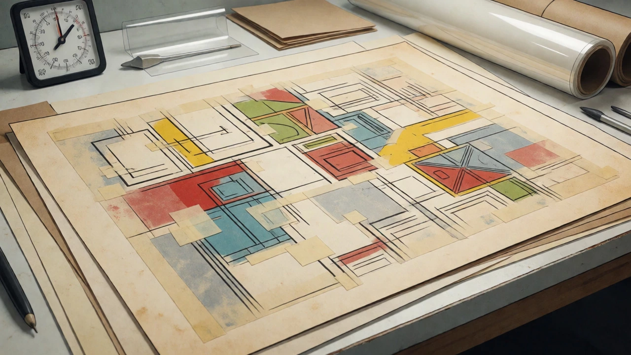 Close-up of fragile 1970s comic mechanicals on an archival bench.