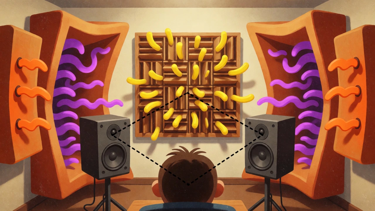 Close-up of studio acoustics with bass traps, absorbers, and diffusers scattering sound.