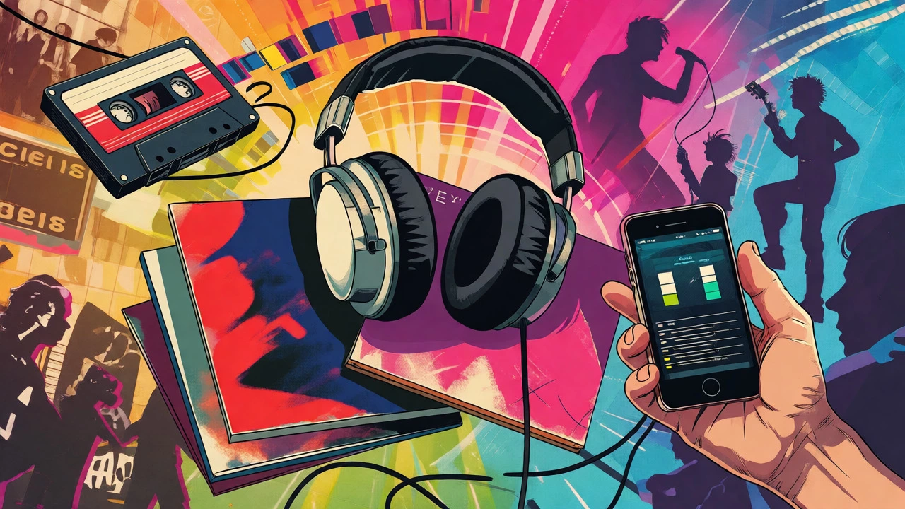 Collage of vinyl records, cassettes, and digital symbols showing the evolution of indie music.