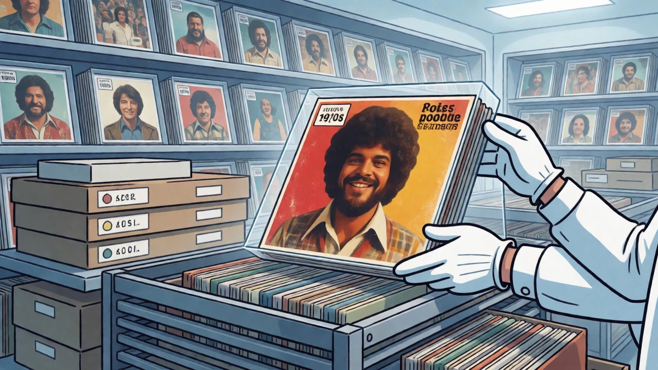 Collector placing a framed 1970s master into a UV-safe display case.