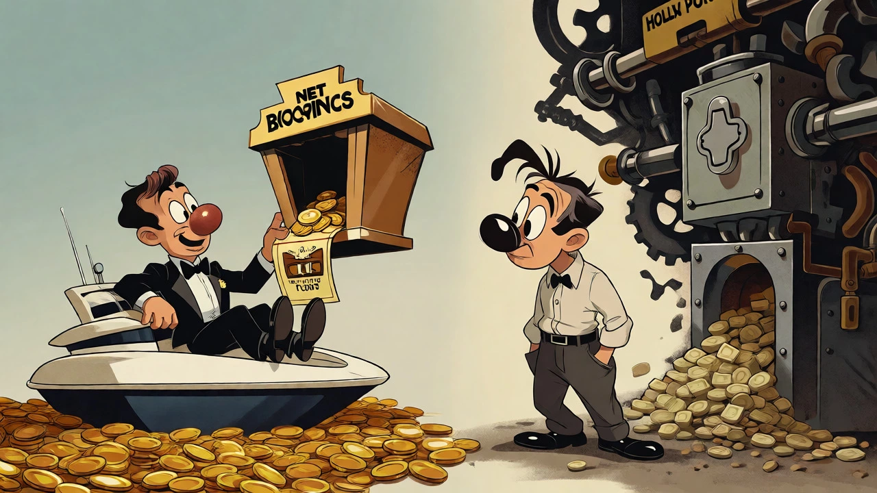 Contrast between a wealthy producer on a yacht and one struggling with accounting machines
