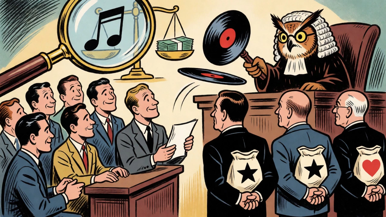 Courtroom scene with an owl judge overseeing musicians and executives