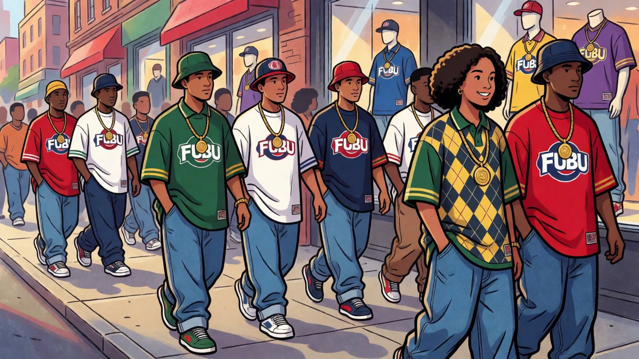 Crowd wearing 90s hip-hop streetwear on a city street