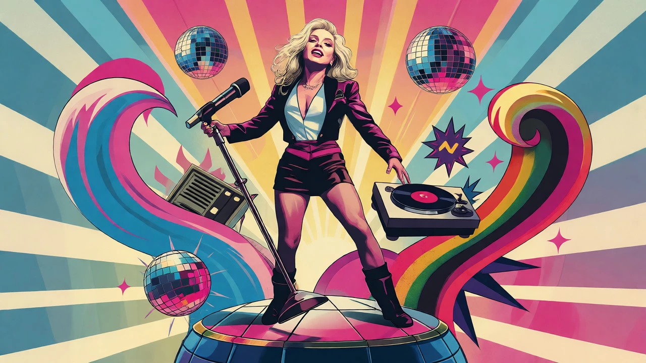Debbie Harry conducting a swirl of disco, punk, and hip-hop elements in cartoon style.