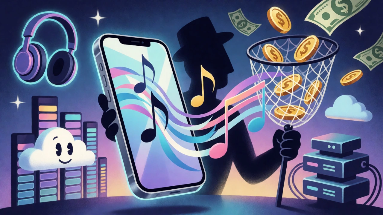 Digital playlist curator catching music notes with a net of money